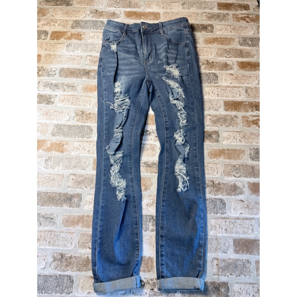 Rue21 Womens Distressed Skinny Jeans Medium Wash High Rise Sz 4 Distressed Denim